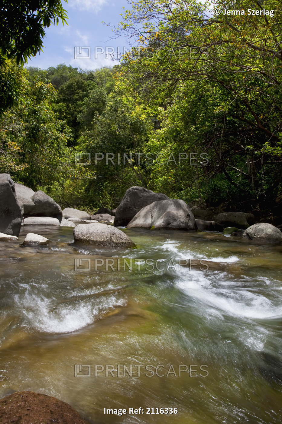 Hawaii, Maui, Iao Valley, A colorful view of the Iao River with sun.