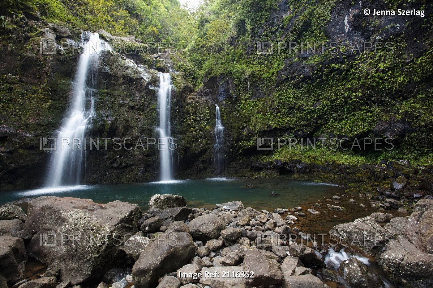 Hawaii, Maui, Hana, The three Waikani Falls with a clear blue pond on The Road ...