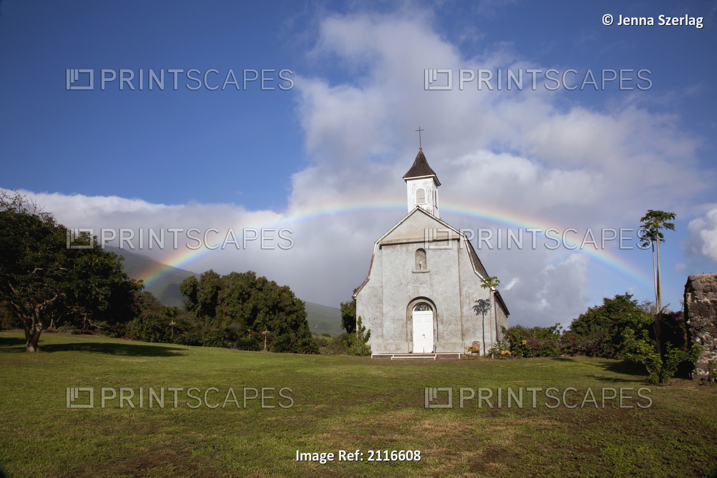 Hawaii, Maui, Kaupo, A rainbow forms over St. Josephs Church.