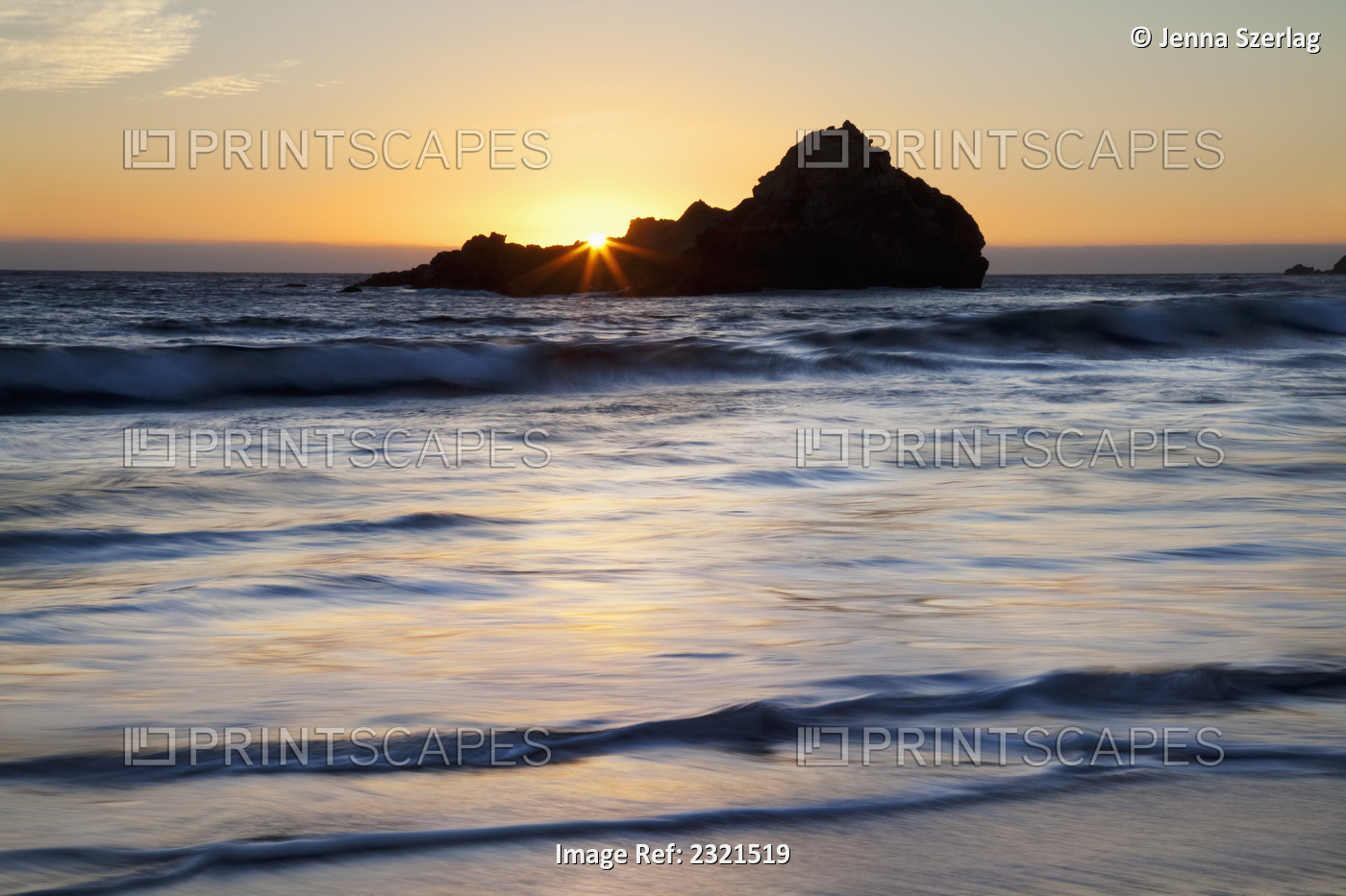 California, Big Sur, Pfeiffer Beach, Sun Setting Over Pacific Ocean, ...