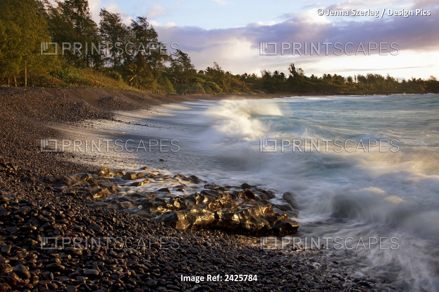 Hawaii, Maui, An Early Morning View Of Wave Crashing On Black Rock Beach In ...