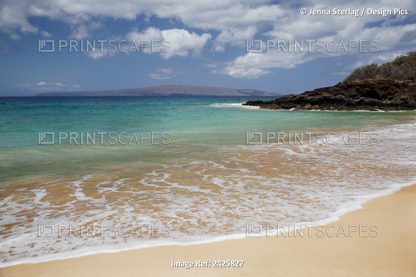 Hawaii, Maui, Makena, Rocky Shore Of Makena Beach, Land In Distance.
