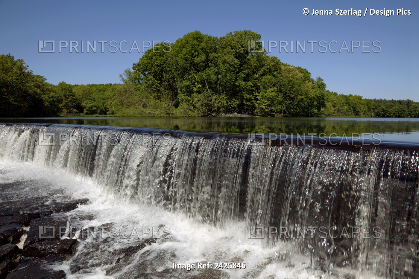 Massachusetts, Northbridge, A Waterfall At The Edge Of Very Calm Lake With ...
