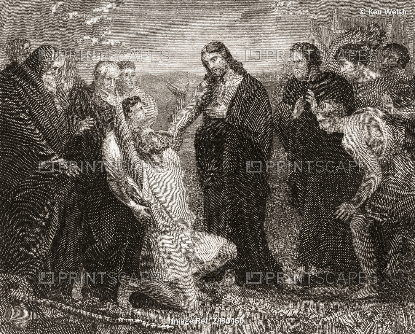 Jesus Healing The Blind. From A 19th Century Print.