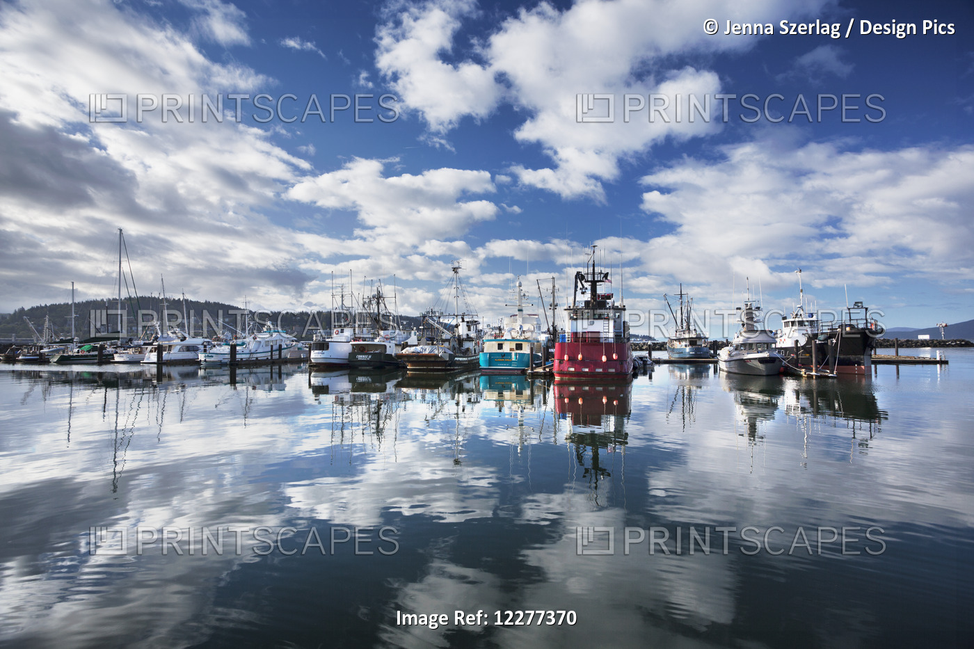 Scenic View Of Clouds And Fishing Boats Reflecting In Bellingham Harbor, ...