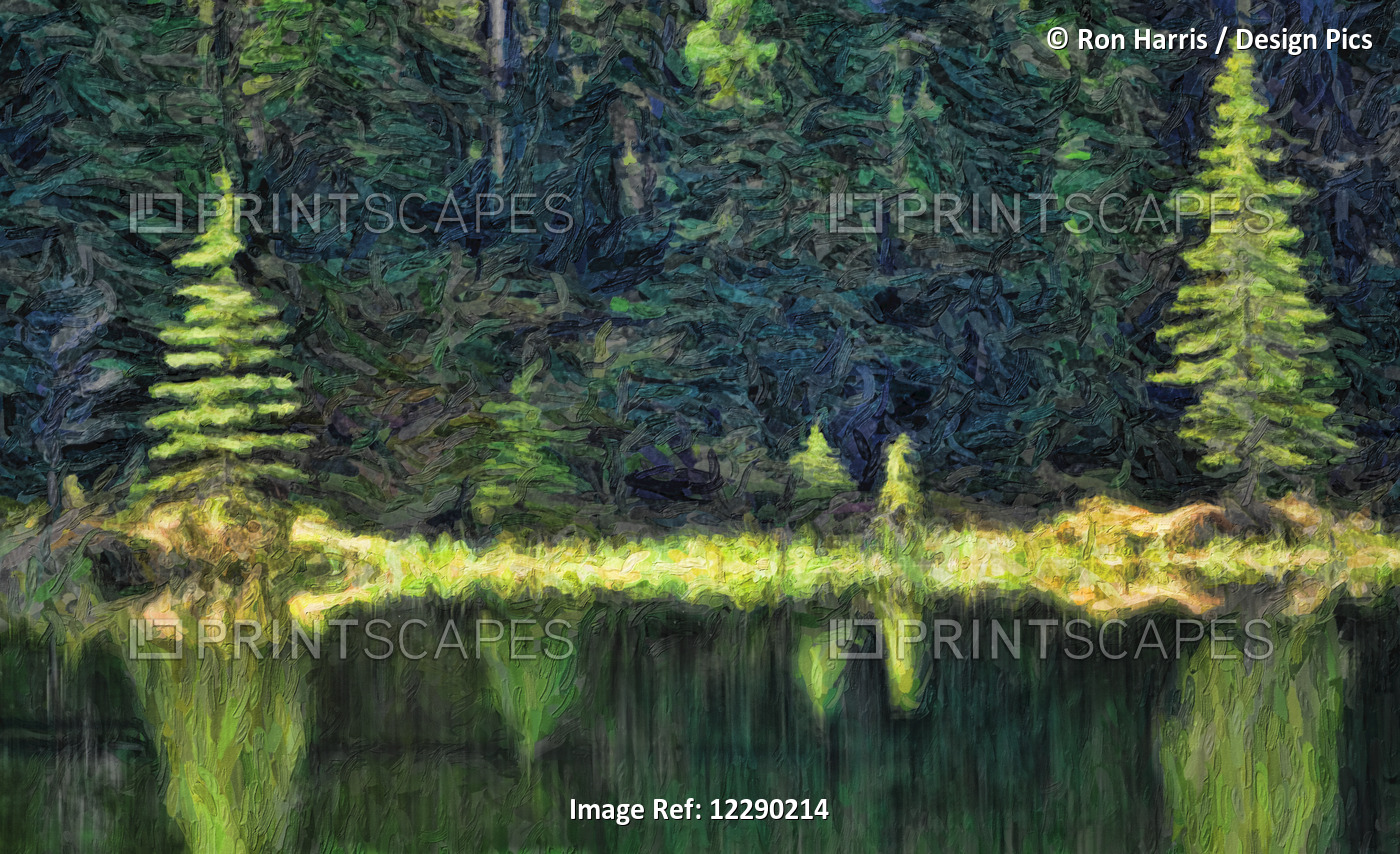 Abstract Painterly Style, Reflection On Water, Jasper National Park; Alberta, ...