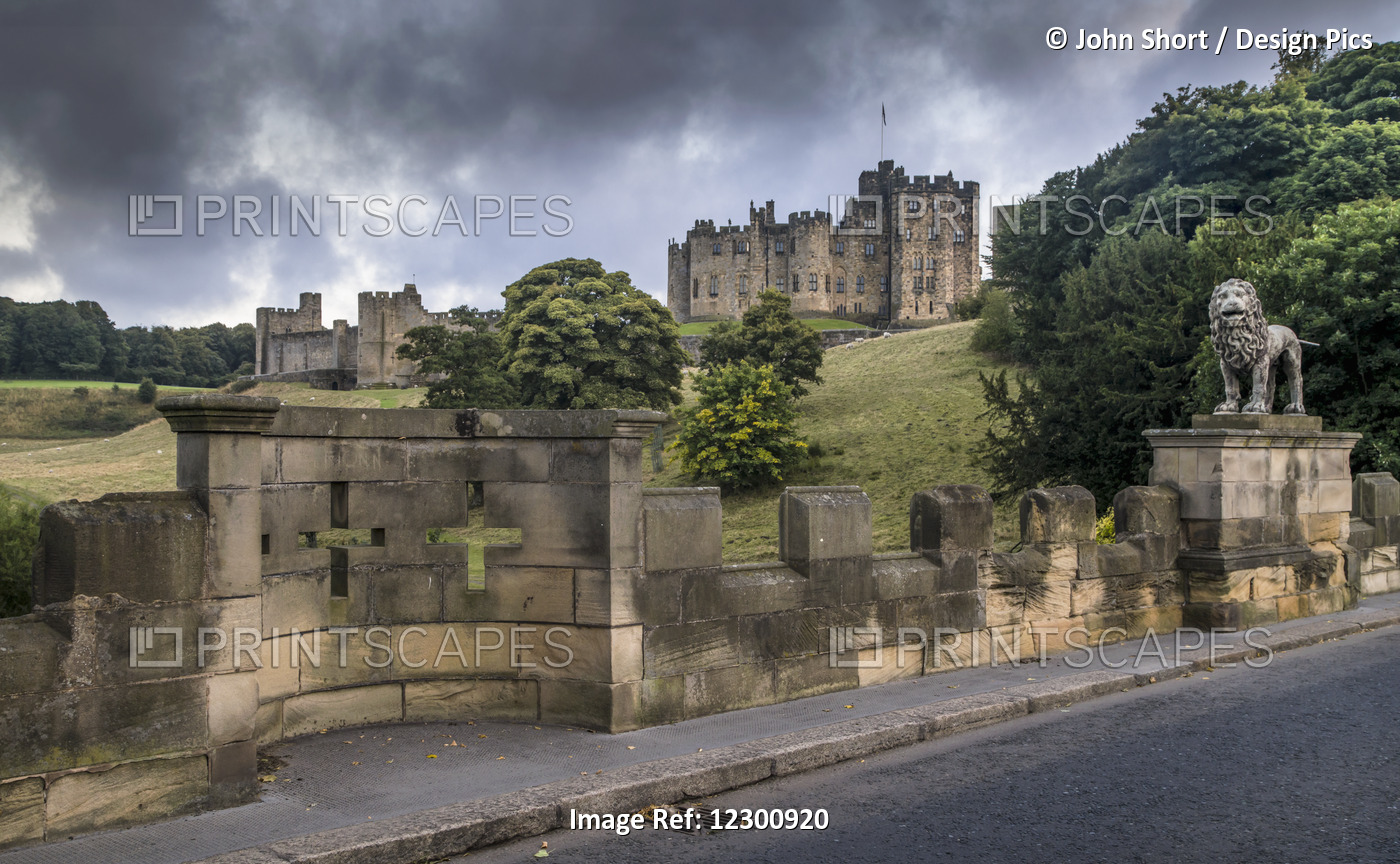 Alnwick Castle With Crosses In The Stone Wall; Alnwick, Northumberland, England