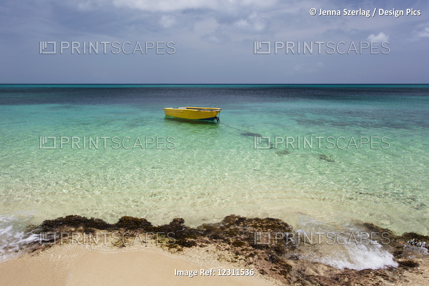 A Lone Boat In The Turquoise Water Off A Tropical Island; Frederiksted, St. ...