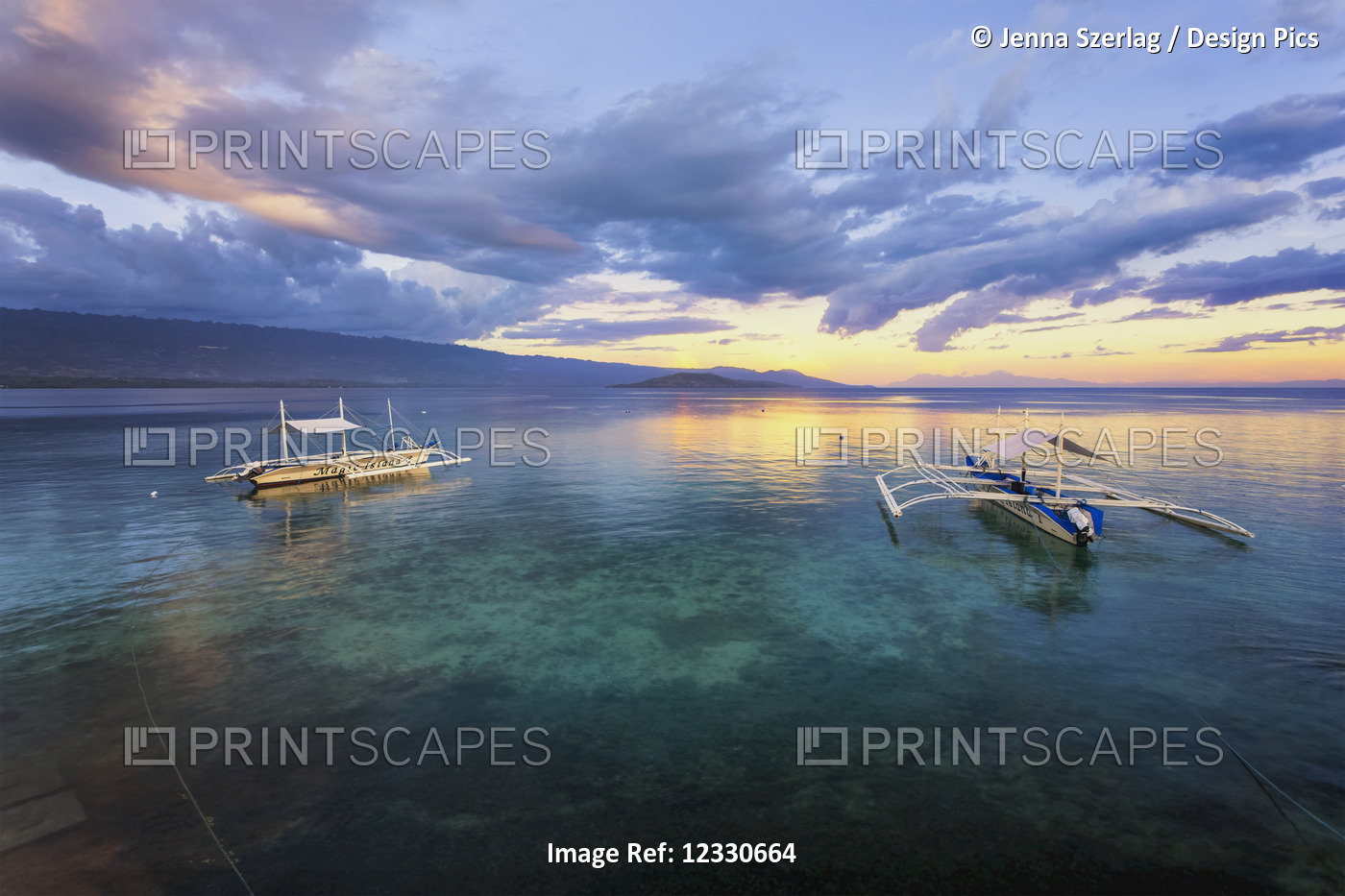 Sunset Over The Ocean With Pump Boats; Moalboal, Cebu, Central Visayas, ...