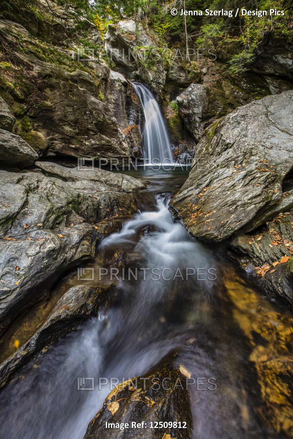 Bingham Falls with foliage on the rugged rocks,Green Mountains; Stowe, Vermont, ...