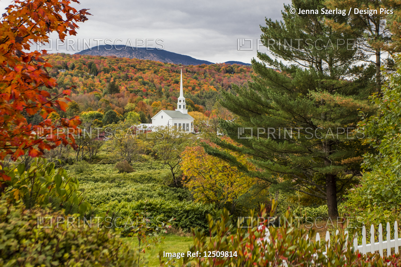 Stowe Church surrounded by lush and autumn coloured foliage with forest on the ...