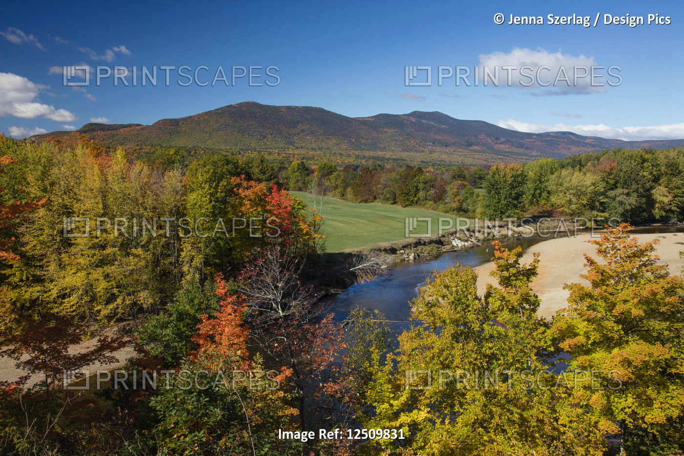 Rolling hills with forests in autumn colours and the Saco River, White ...