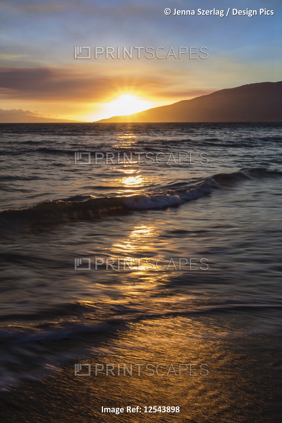A sunset view with soft water from North Kihei; Maui, Hawaii, United States of ...