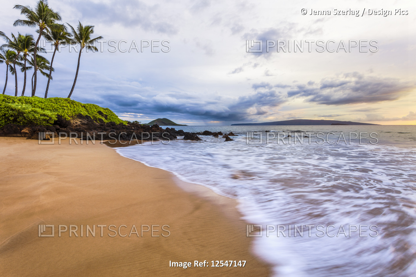 A Soft Wave Reaches The Beach On A Cloudy Day In Makena With Palm Trees, Maui, Hawaii USA
