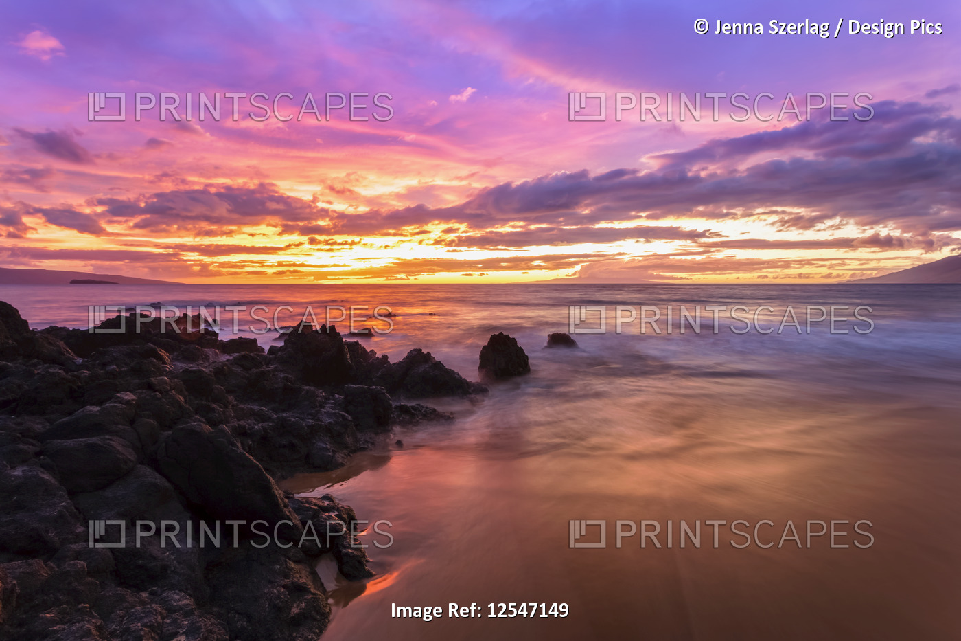 Dramatic Beach Sunset In Makena With Soft Water, Maui, Hawaii USA